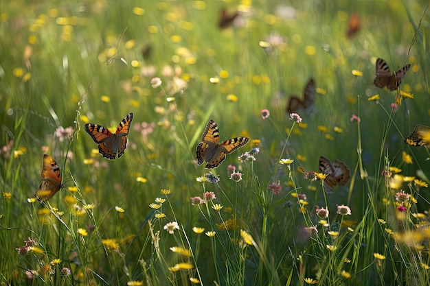 Butterflies fluttering past blooming meadow on their journey north created with generative ai