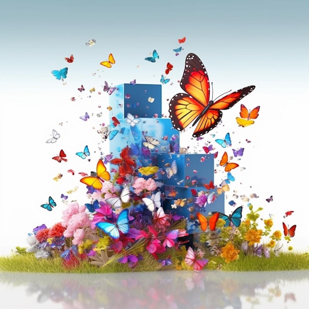 Foto le farfalle volano attorno a una scatola blu con una parte superiore blu e una base verde generativa ai