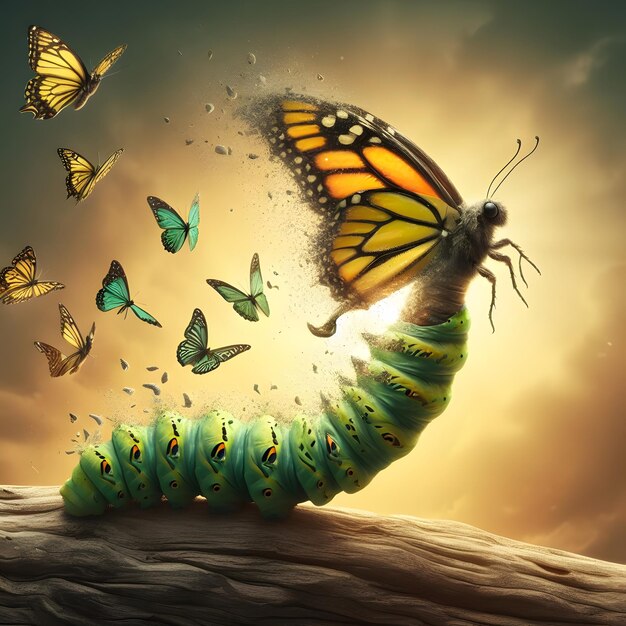 Butterflies fly around green caterpillar 3D illustration