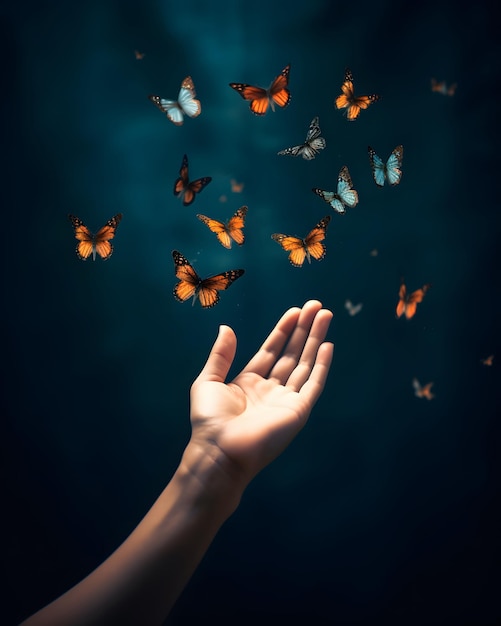 Photo butterflies fly away from human hands break