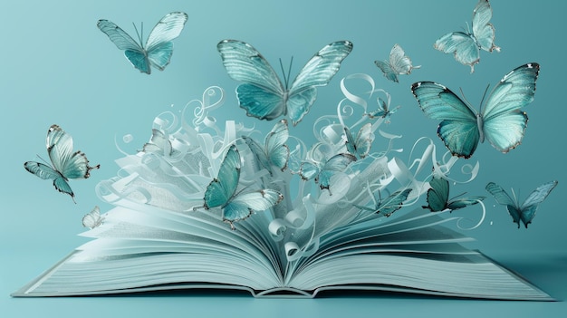 蝶が開かれた本の上を飛ぶ 知識と教育の概念