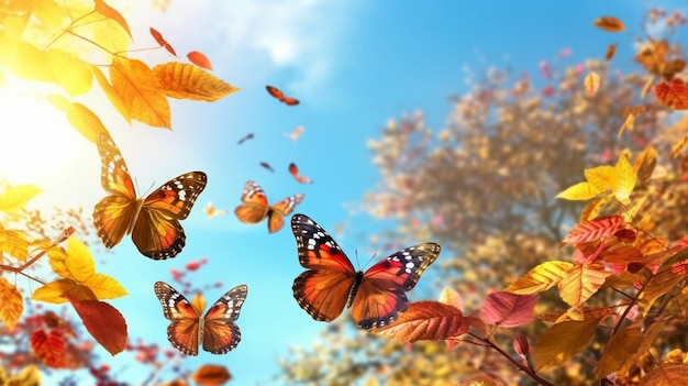 Butterflies flying in the air over a tree with leaves generative ai