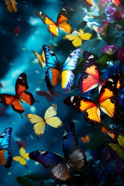 Foto farfalle che volano nell'aria con uno sfondo blu generativo ai