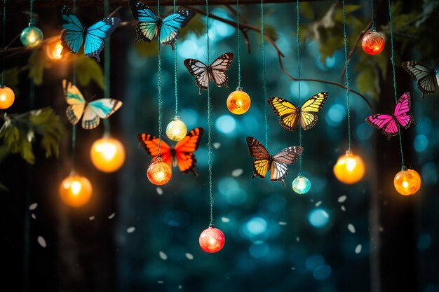 Butterflies flying among colorful lanterns at a nighttime festival