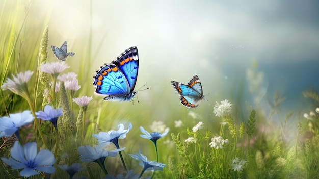 Butterflies flying in a field of flowers