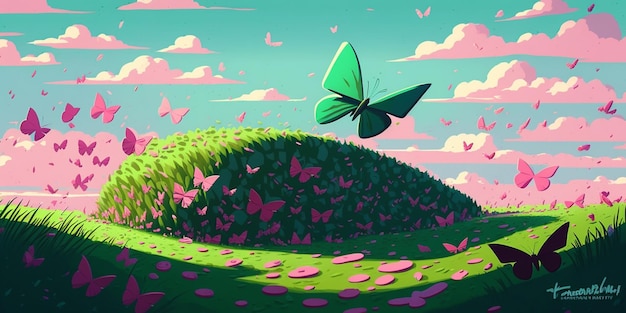 잔디와 꽃의 언덕 위를 날아다니는 나비들은 분홍색 하늘에서 생성됩니다.