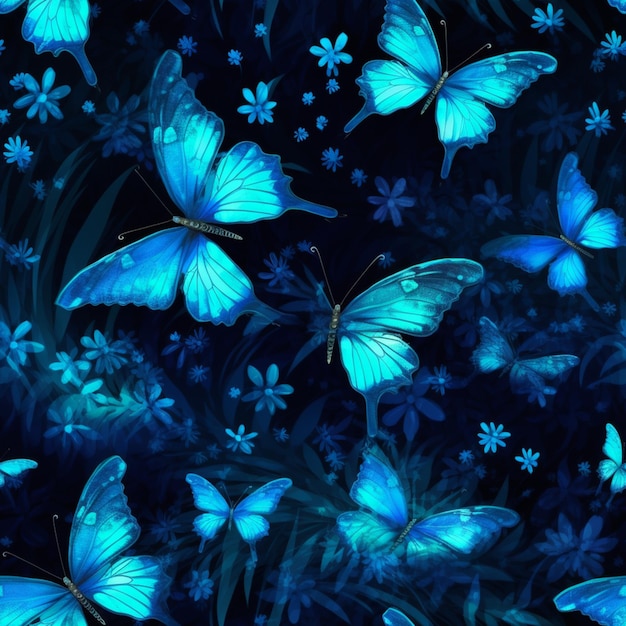 Foto farfalle che volano nel cielo notturno con fiori blu e foglie generative ai