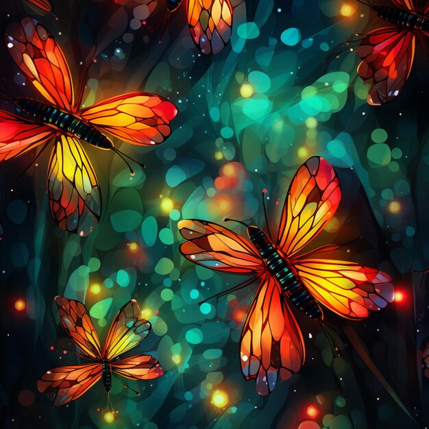 Photo butterflies flying in the night sky with bright lights generative ai