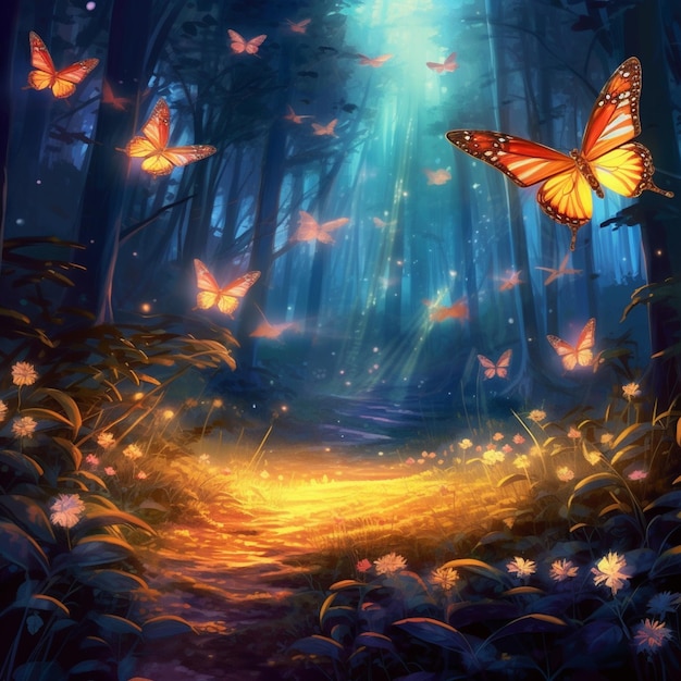 Butterflies flying over a path in a forest with a bright light generative ai