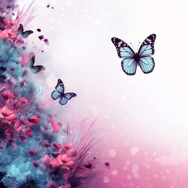 Foto farfalle che volano su un campo di fiori rosa e blu con fiori rosa generativi ai