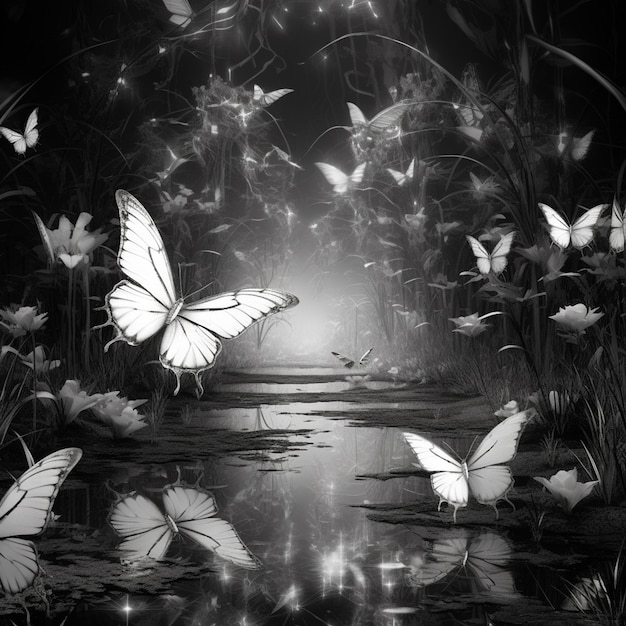 butterflies flying over a pond in a dark forest at night generative ai