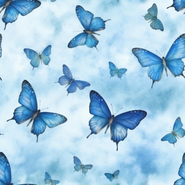 butterflies flying in the sky with a blue background generative ai