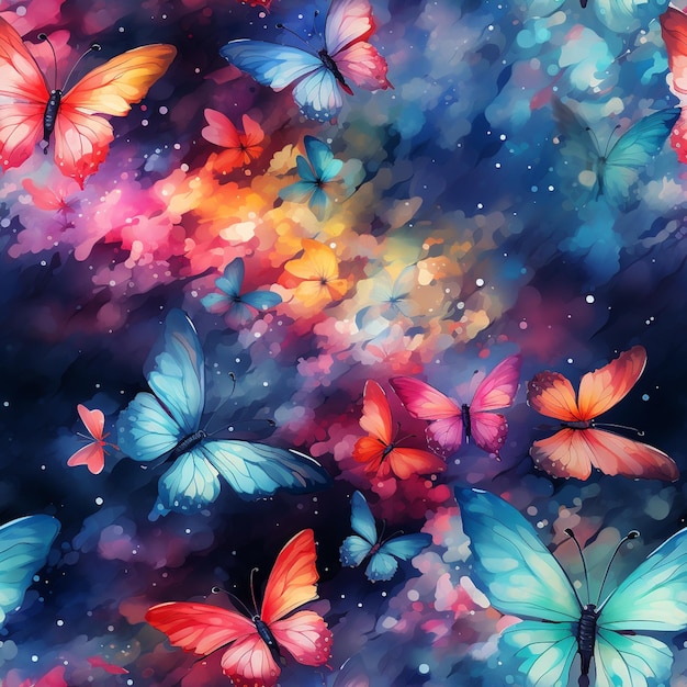 butterflies flying in the sky with colorful lights and stars generative ai