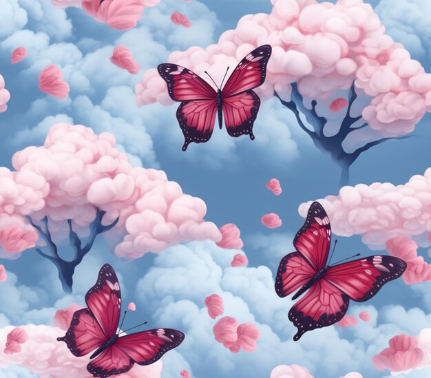 butterflies flying in the sky with pink clouds and trees generative ai