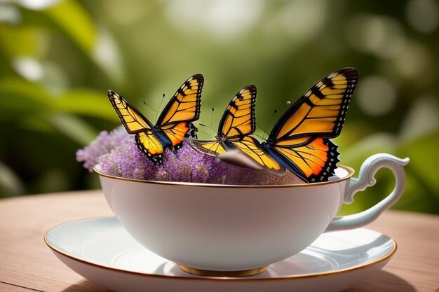 Photo butterflies flying above vintage cup of tea on pastel natural background