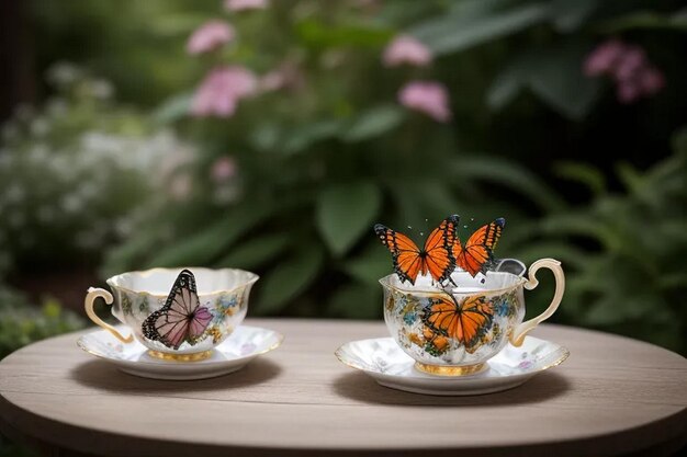 Butterflies flying above vintage cup of tea on pastel natural background