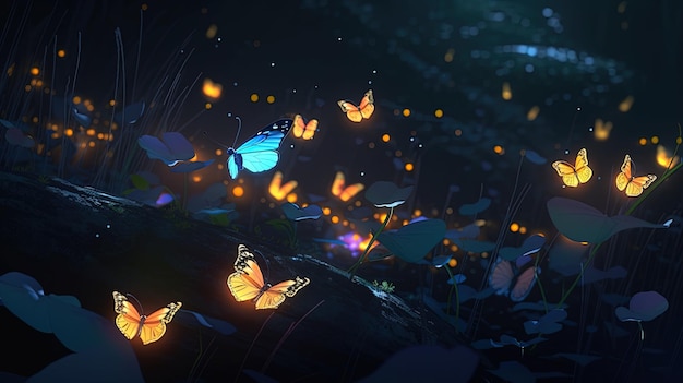 Butterflies glow in the night digital art illustration Generative AI