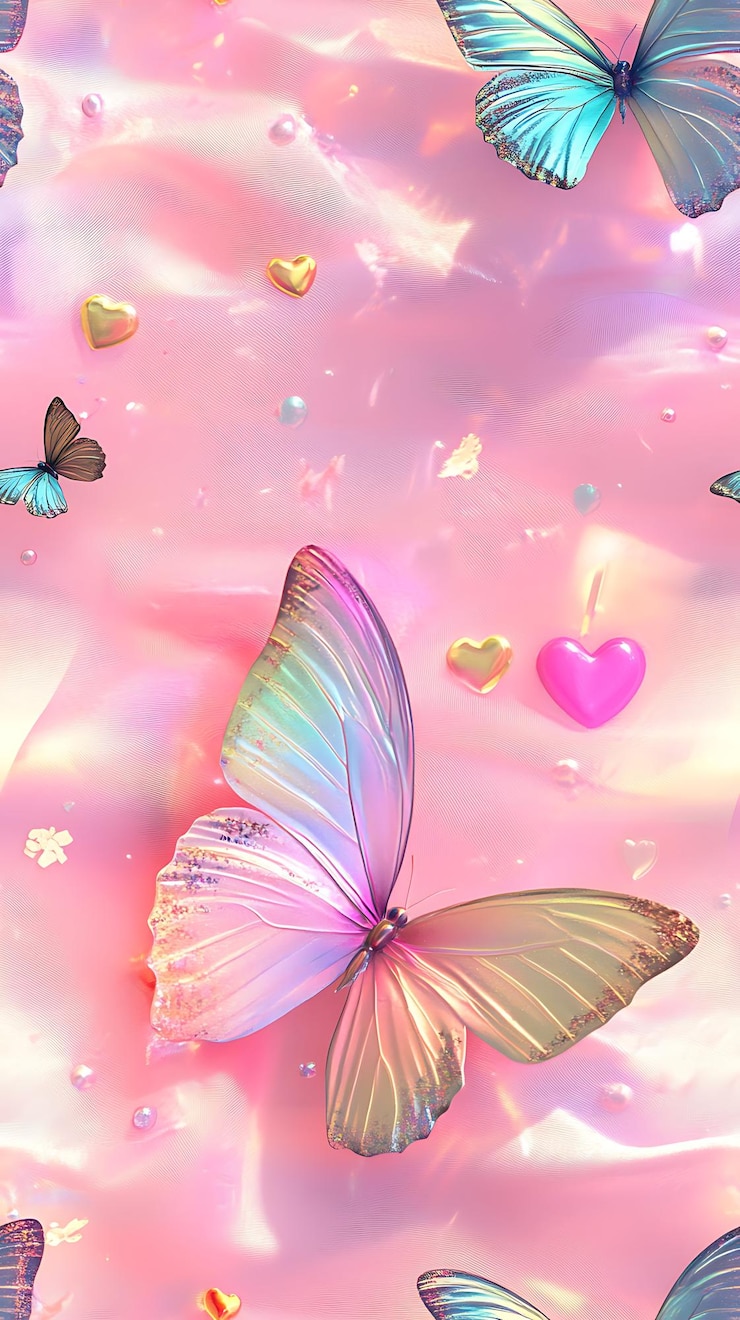 Photo butterflies and hearts on a pink background with a pink background