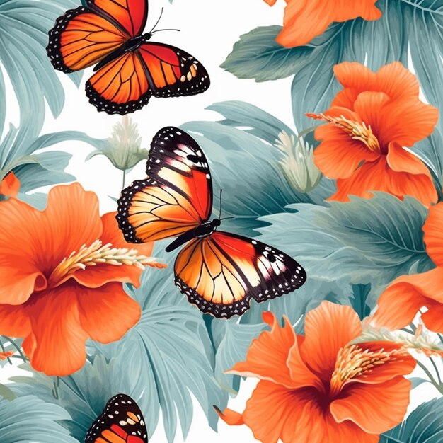 Butterflies and hibise flowers on a white background generative ai