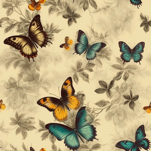 Butterflies and leaves on a beige background with a brown background generative ai