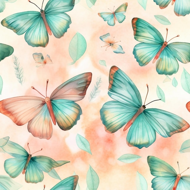 бабочки и листья на акварельном фоне с генеративным искусственным интеллектом розового неба