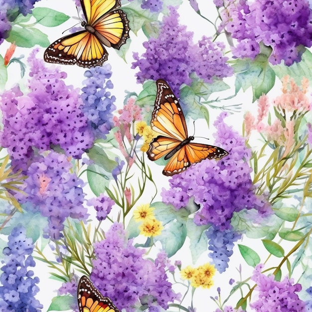 Butterflies and lila flowers on a white background generative ai