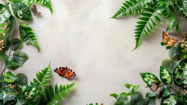 Photo butterflies and lush green foliage arranged around blank center on light background