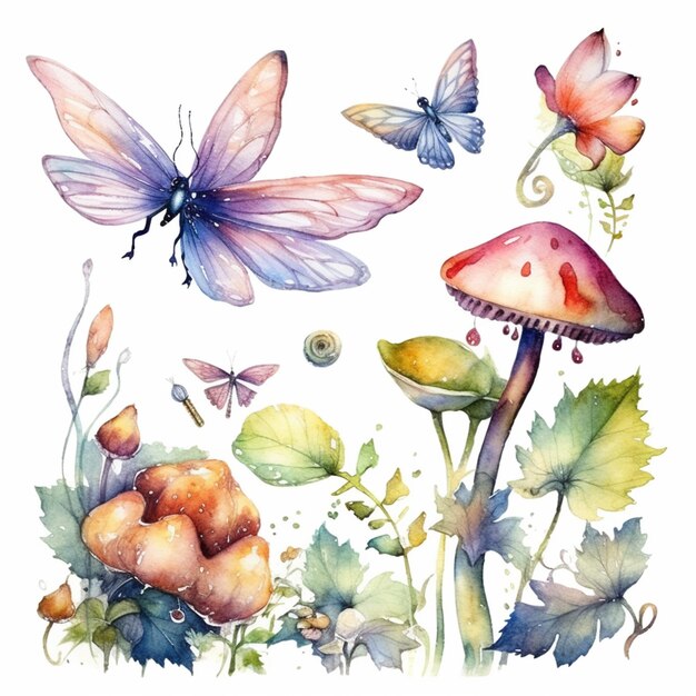 Butterflies and mushrooms are painted in watercolor on a white background generative ai