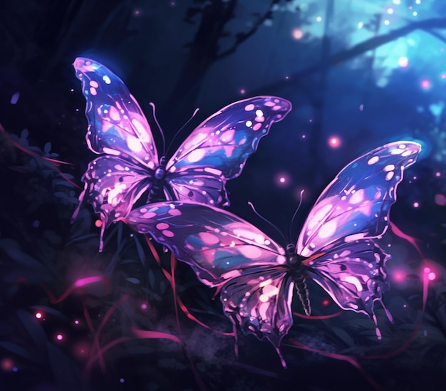 Butterflies in the night sky with glowing lights and trees generative ai