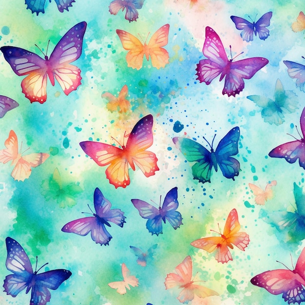 Butterflies painted in a colorful watercolor pattern on a green background generative ai