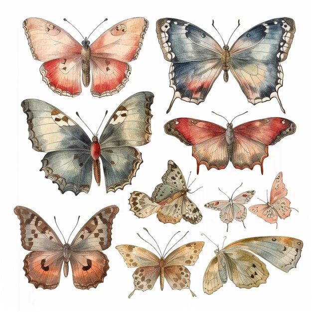 butterflies painted in different colors and sizes on a white background generative ai