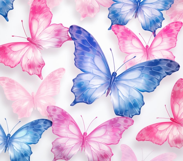 Butterflies painted in pink and blue on a white background generative ai