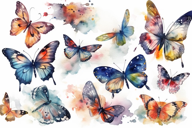 Foto farfalle dipinte in acquerello su uno sfondo bianco ai generativo