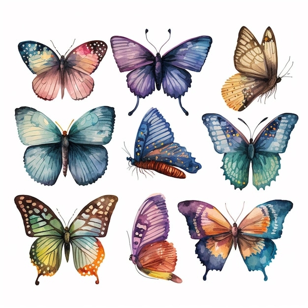 Butterflies painted in watercolor on a white background generative ai