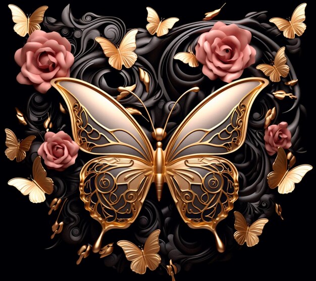 butterflies and roses are in a heart shape with gold accents generative ai