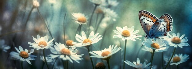 butterflies sitting on blue flowers and daisies