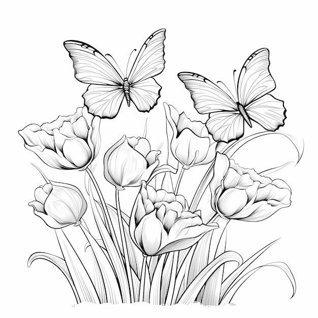 butterflies sitting on tulips in a frontyard in black and white for kids coloring pages