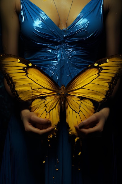 뱃속에 나비 노란 나비와 파란 드레스를 입은 아름다운 여자