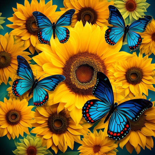 Butterflies and sunflowers are in a circle with blue butterflies generative ai