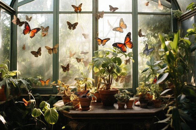 Photo butterflies in a window with a butterfly display