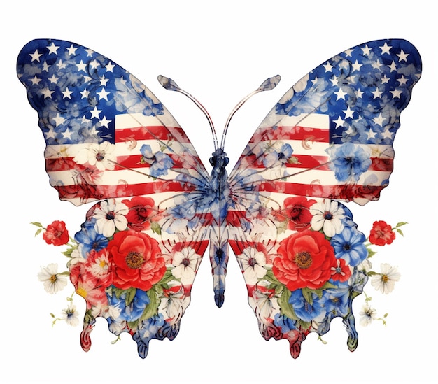 butterflies with american flag wings and flowers on them generative ai