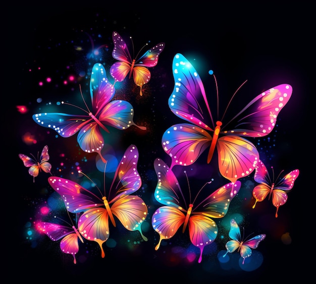 Butterflies with glowing wings on a black background generative ai