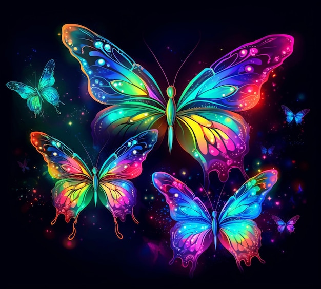 Butterflies with glowing wings and glowing spots on a black background generative ai