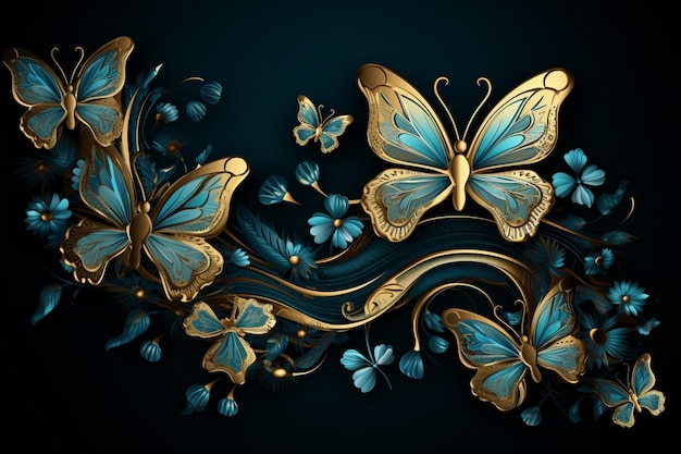 Photo butterflies with gold and blue wings on a black background generative ai