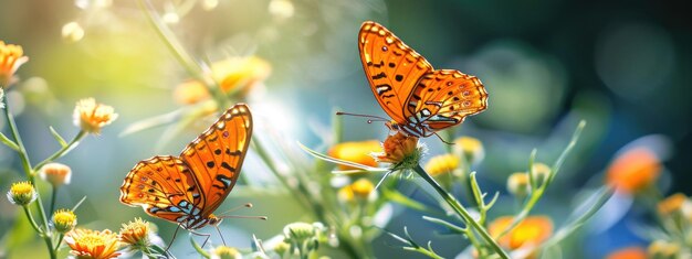 Butterflies with intricate patterns on vibrant flowers natural background