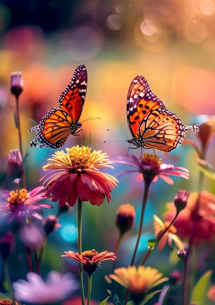 Butterflies with intricate patterns on vibrant flowers natural background