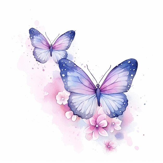 бабочки с розовыми цветами и синими крыльями на белом фоне
