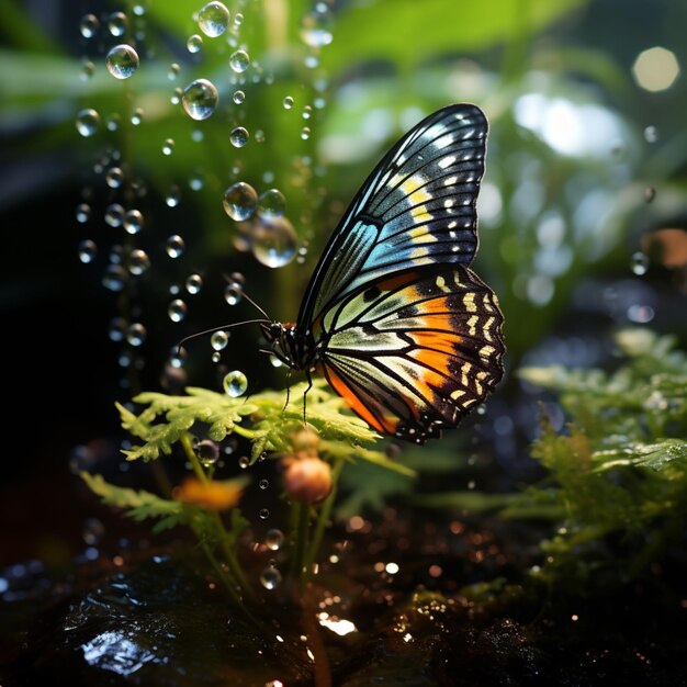 Butterflies with shiny raindrops bubbles in the garden Ai generated art