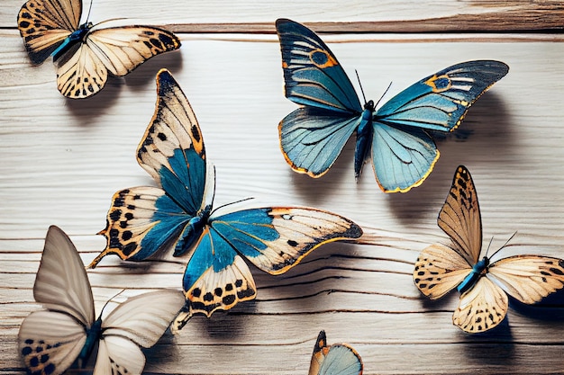 Butterflies on a wooden table with one that has blue wings