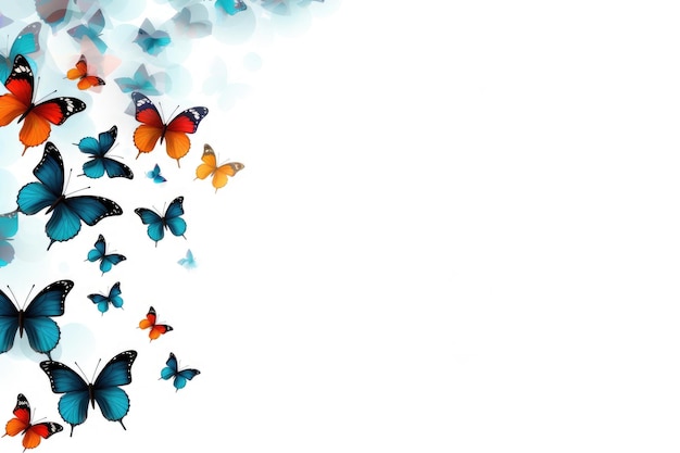 Foto sfondo farfalla con spazio per il tuo testo diversi tipi di farfalle che volano su uno sfondo bianco modello di farfalla farfalle colorate su sfondo bianco dall'alto verso il basso ai generato